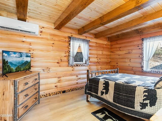 bedroom featuring wooden ceiling, light wood-type flooring, an AC wall unit, beamed ceiling, and log walls