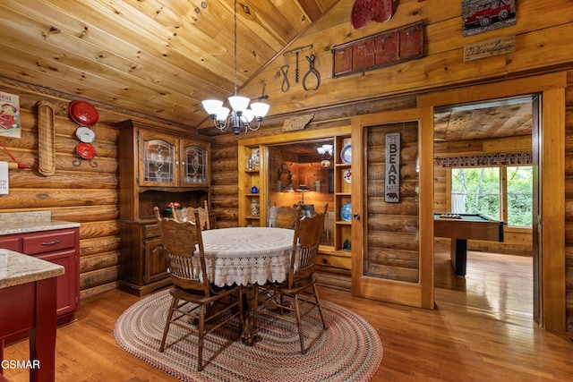 3114 Hatcher Top Rd, Sevierville, TN 37862 - dining space featuring wood ceiling, lofted ceiling, a chandelier, light wood-type flooring, and rustic walls