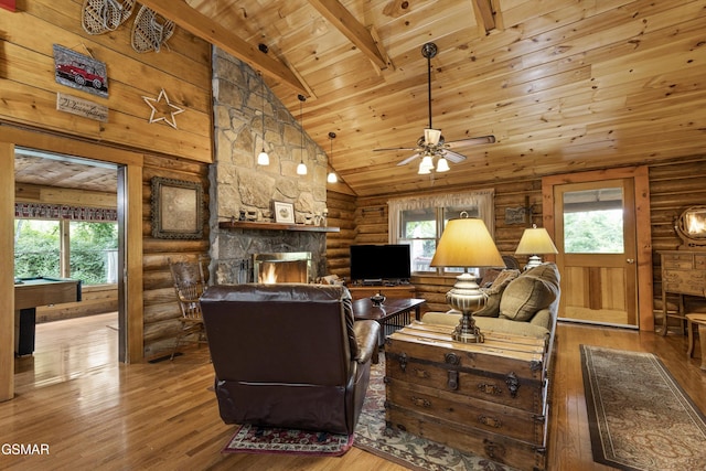 3114 Hatcher Top Rd, Sevierville, TN 37862 - living room featuring wood ceiling with exposed beams, log walls, wood-type flooring, a ceiling fan, and a fireplace