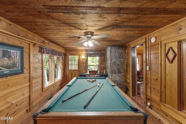 3114 Hatcher Top Rd, Sevierville, TN 37862 - playroom featuring wooden ceiling, billiards table, wooden walls, and ceiling fan