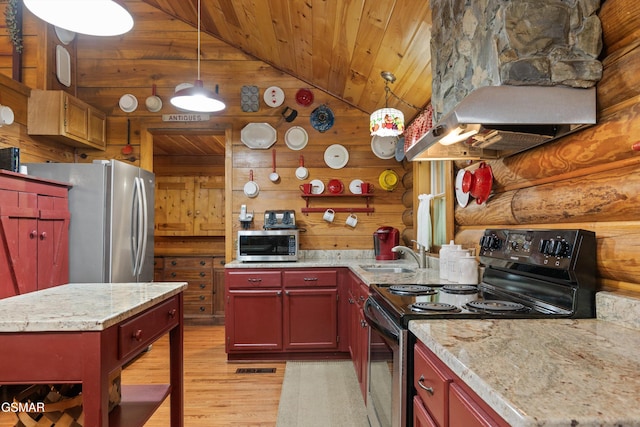 3114 Hatcher Top Rd, Sevierville, TN 37862 - kitchen featuring stainless steel appliances, a sink, island exhaust hood, wooden ceiling, and lofted ceiling