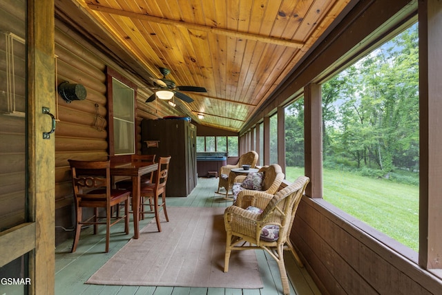 3114 Hatcher Top Rd, Sevierville, TN 37862 - sunroom with a hot tub, a ceiling fan, and lofted ceiling