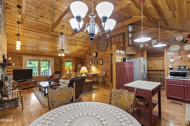 3114 Hatcher Top Rd, Sevierville, TN 37862 - living area with wood ceiling, light wood finished floors, a chandelier, and wood walls