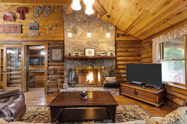 3114 Hatcher Top Rd, Sevierville, TN 37862 - living room with lofted ceiling, rustic walls, hardwood / wood-style flooring, wood ceiling, and a stone fireplace