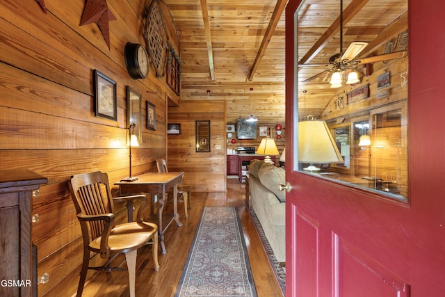 3114 Hatcher Top Rd, Sevierville, TN 37862 - dining room featuring wood walls, wood ceiling, hardwood / wood-style flooring, and a ceiling fan
