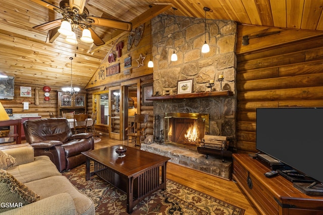 3114 Hatcher Top Rd, Sevierville, TN 37862 - living area featuring wooden ceiling, wood finished floors, rustic walls, a stone fireplace, and ceiling fan