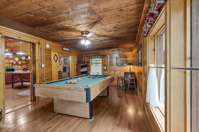 3114 Hatcher Top Rd, Sevierville, TN 37862 - game room featuring wood ceiling, hardwood / wood-style flooring, wooden walls, billiards table, and ceiling fan