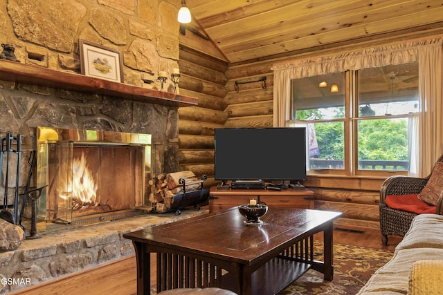 3114 Hatcher Top Rd, Sevierville, TN 37862 - living area featuring vaulted ceiling, log walls, wood ceiling, and wood-type flooring