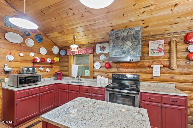 3114 Hatcher Top Rd, Sevierville, TN 37862 - kitchen featuring stainless steel appliances, log walls, a sink, lofted ceiling, and ventilation hood