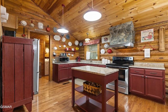 3114 Hatcher Top Rd, Sevierville, TN 37862 - kitchen with appliances with stainless steel finishes, open shelves, vaulted ceiling, wood ceiling, and log walls