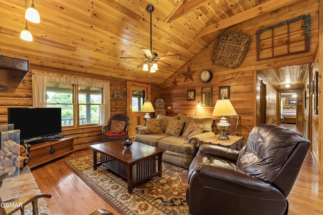 3114 Hatcher Top Rd, Sevierville, TN 37862 - living area with wood ceiling, wood-type flooring, a ceiling fan, and wood walls