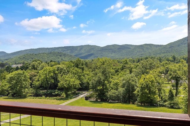 view of mountain feature featuring a forest view