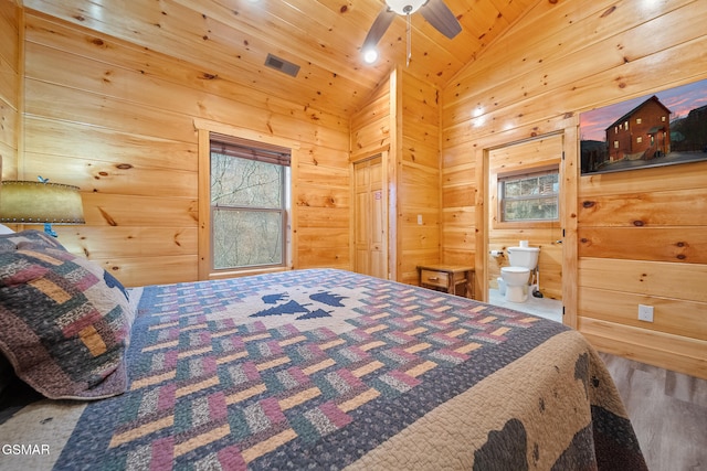 bedroom featuring ceiling fan, wooden walls, and wooden ceiling