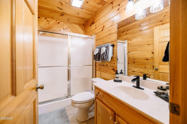 410 Oak Sky Way, Sevierville, TN 37876 - bathroom featuring vanity, a stall shower, wood walls, tile patterned flooring, and wood ceiling