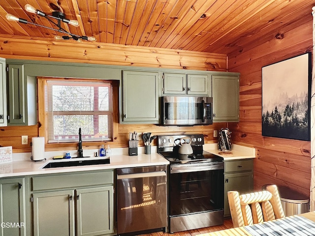 410 Oak Sky Way, Sevierville, TN 37876 - kitchen featuring appliances with stainless steel finishes, green cabinetry, wood ceiling, wood walls, and light countertops