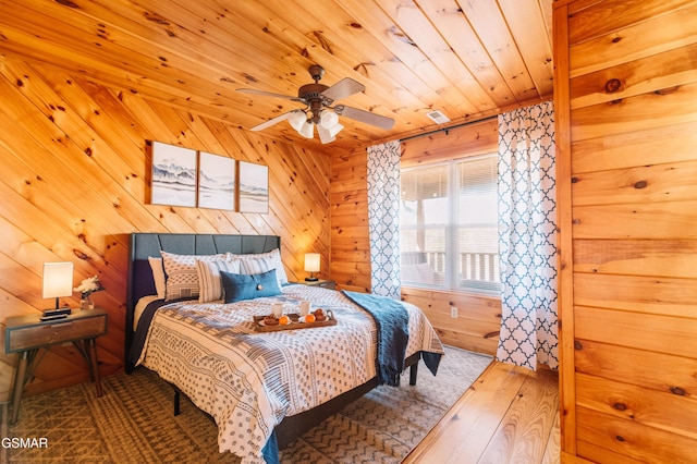 410 Oak Sky Way, Sevierville, TN 37876 - bedroom with wooden ceiling, wood-type flooring, wooden walls, and ceiling fan