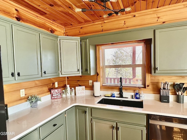 410 Oak Sky Way, Sevierville, TN 37876 - kitchen featuring green cabinets, dishwasher, wood ceiling, and light countertops