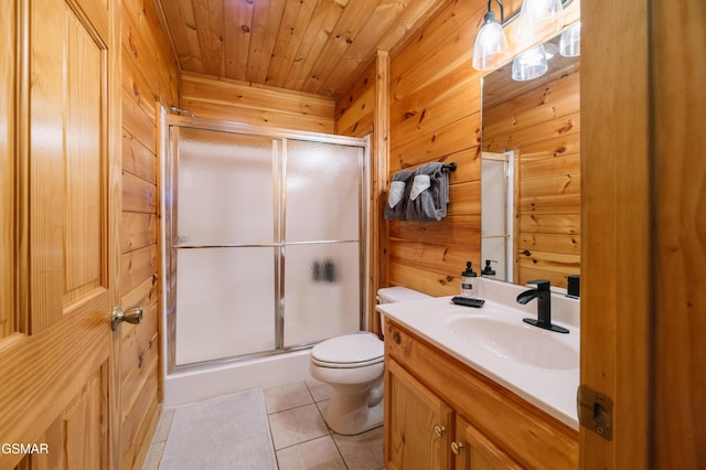 410 Oak Sky Way, Sevierville, TN 37876 - full bathroom featuring a shower stall, vanity, tile patterned flooring, wood walls, and wooden ceiling