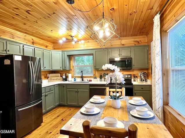 410 Oak Sky Way, Sevierville, TN 37876 - kitchen with appliances with stainless steel finishes, green cabinetry, wooden ceiling, light countertops, and light wood-type flooring