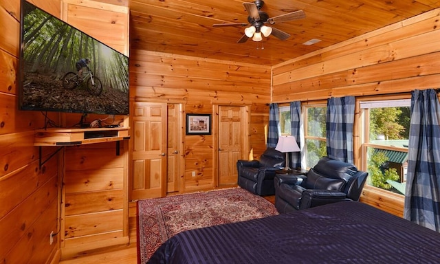 bedroom featuring wooden walls and wood ceiling