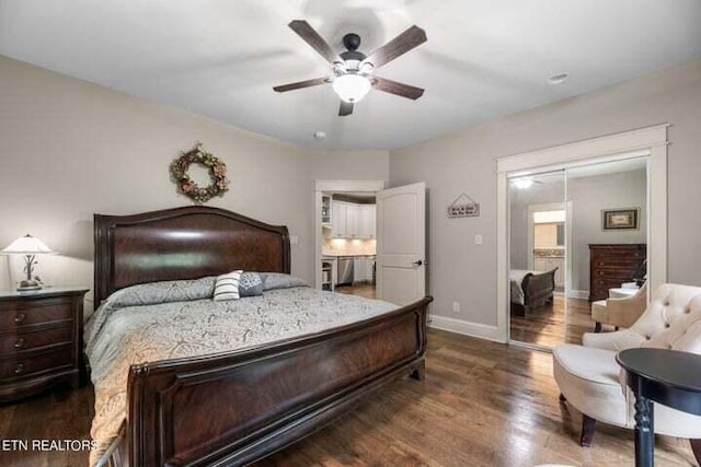 bedroom with dark wood-type flooring and ceiling fan