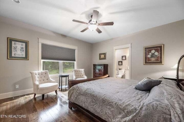 bedroom with ceiling fan and hardwood / wood-style floors