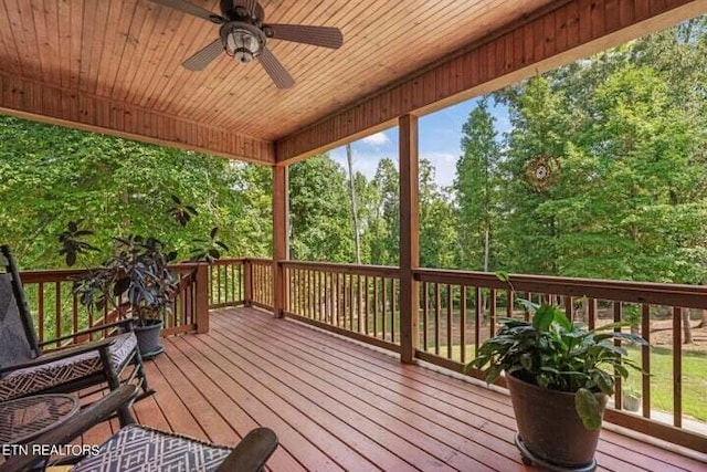 wooden deck featuring ceiling fan