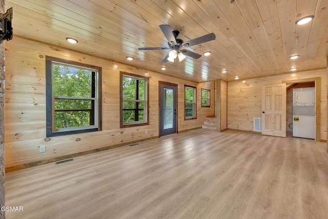 2641 Willow Heights Way, Sevierville, TN 37876 - unfurnished living room with wood ceiling, recessed lighting, wood finished floors, ceiling fan, and wooden walls
