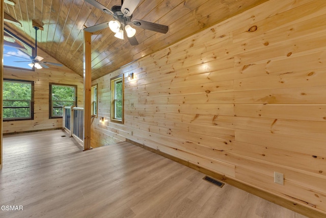 2641 Willow Heights Way, Sevierville, TN 37876 - empty room with wooden ceiling, a ceiling fan, wood finished floors, wooden walls, and lofted ceiling