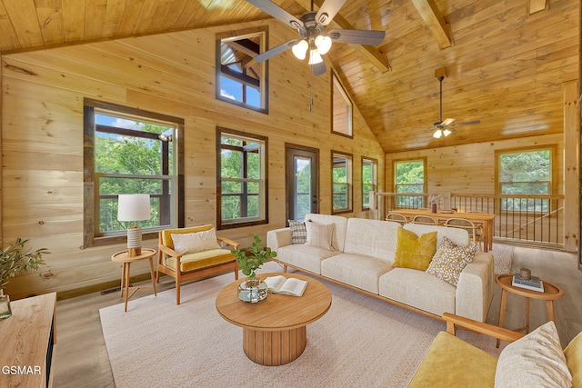 2641 Willow Heights Way, Sevierville, TN 37876 - living room with ceiling fan, wood ceiling with exposed beams, wooden walls, wood finished floors, and high vaulted ceiling