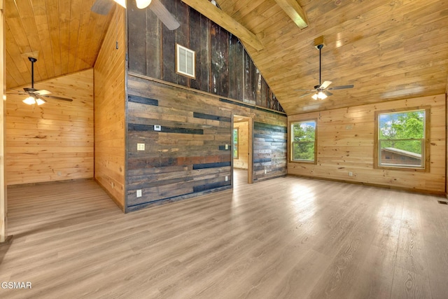 2641 Willow Heights Way, Sevierville, TN 37876 - unfurnished living room featuring ceiling fan, wood ceiling with exposed beams, wooden walls, wood finished floors, and high vaulted ceiling