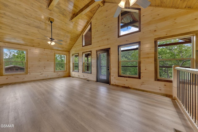 2641 Willow Heights Way, Sevierville, TN 37876 - unfurnished living room featuring ceiling fan, wooden ceiling with exposed beams, wood walls, wood finished floors, and high vaulted ceiling