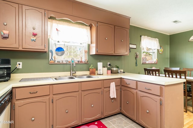 kitchen with dishwasher, sink, a healthy amount of sunlight, and kitchen peninsula