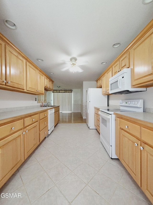 2865/2869 Happy Hollow Rd, Sevierville, TN 37862 - kitchen featuring white appliances, light countertops, ceiling fan, light tile patterned floors, and light brown cabinets