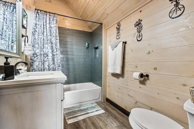 full bathroom featuring wood ceiling, wooden walls, vaulted ceiling, and toilet