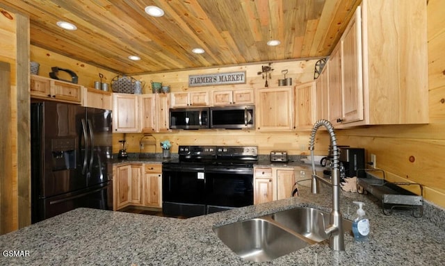 2716 Dayne Dr, Sevierville, TN 37862 - kitchen featuring black appliances, light brown cabinets, a sink, recessed lighting, and wood ceiling