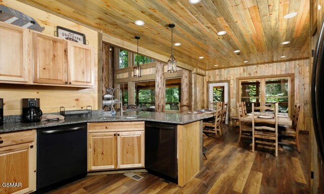 2716 Dayne Dr, Sevierville, TN 37862 - kitchen with black dishwasher, wooden ceiling, a peninsula, light brown cabinets, and recessed lighting