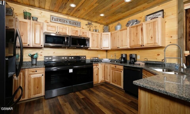 2716 Dayne Dr, Sevierville, TN 37862 - kitchen featuring black appliances, a sink, wood ceiling, recessed lighting, and light brown cabinetry