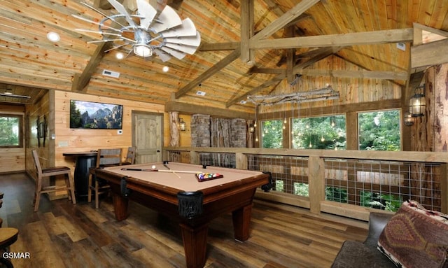 2716 Dayne Dr, Sevierville, TN 37862 - rec room featuring ceiling fan, wood walls, billiards, wood finished floors, and high vaulted ceiling