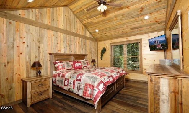 2716 Dayne Dr, Sevierville, TN 37862 - bedroom with wood ceiling, wood walls, dark wood-type flooring, and high vaulted ceiling