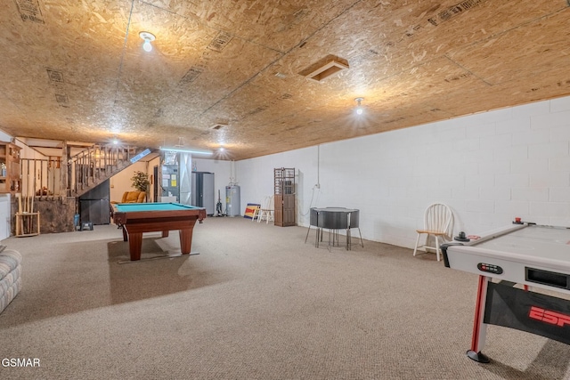 3078 Winding Way, Cosby, TN 37722 - playroom featuring billiards table, electric water heater, concrete block wall, and carpet flooring