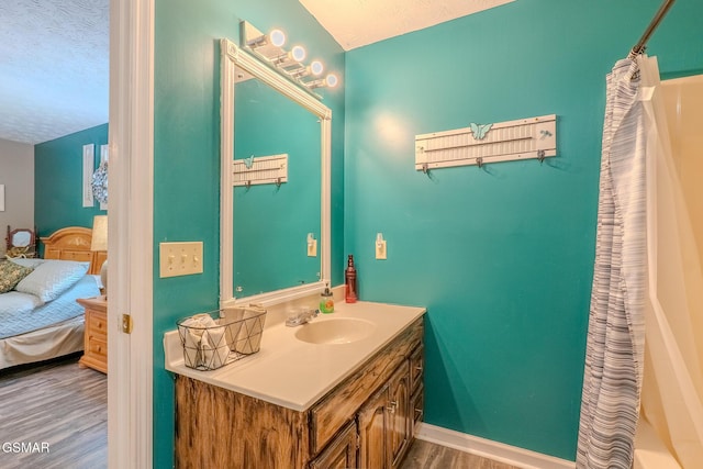 3078 Winding Way, Cosby, TN 37722 - ensuite bathroom with wood finished floors, vanity, and a textured ceiling