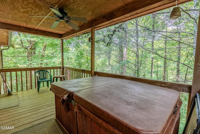 3078 Winding Way, Cosby, TN 37722 - wooden terrace featuring a hot tub, a ceiling fan, and a view of trees