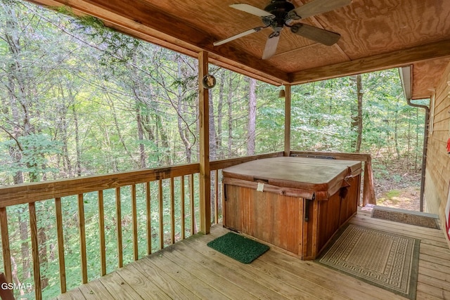 3078 Winding Way, Cosby, TN 37722 - deck with a hot tub, a ceiling fan, and a forest view