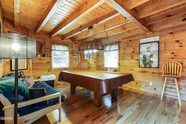 822 Eagle Cove Way, Gatlinburg, TN 37738 - playroom featuring wooden walls, wood-type flooring, pool table, and a wooden ceiling with exposed beams