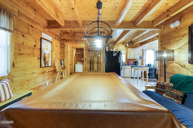 822 Eagle Cove Way, Gatlinburg, TN 37738 - rec room with wooden walls, a wooden ceiling with exposed beams, and a chandelier
