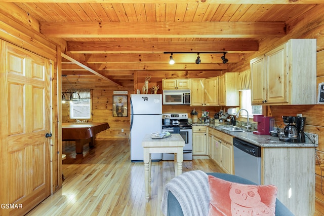822 Eagle Cove Way, Gatlinburg, TN 37738 - kitchen with stainless steel appliances, wood walls, light wood finished floors, a wood ceiling with exposed beams, and light stone counters