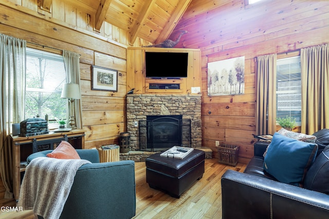 822 Eagle Cove Way, Gatlinburg, TN 37738 - living room featuring wooden walls, light wood finished floors, a fireplace, and wood ceiling