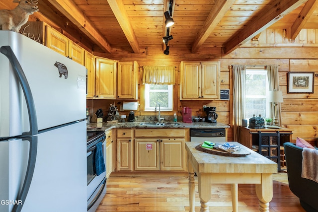 822 Eagle Cove Way, Gatlinburg, TN 37738 - kitchen featuring freestanding refrigerator, stainless steel range with electric cooktop, light wood-type flooring, wooden walls, and dishwashing machine