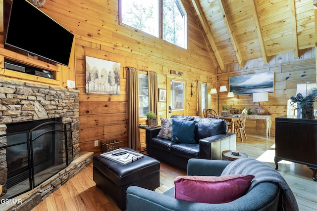 822 Eagle Cove Way, Gatlinburg, TN 37738 - living area featuring wood walls, high vaulted ceiling, hardwood / wood-style floors, a wood ceiling with exposed beams, and a fireplace